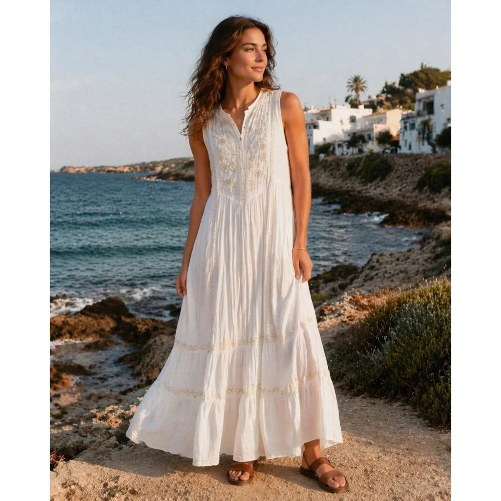 J. Jill Embroidered Maxi Dress Womens M Whitebarly Sleeveless Tiered Boho NWT - Picture 1 of 10